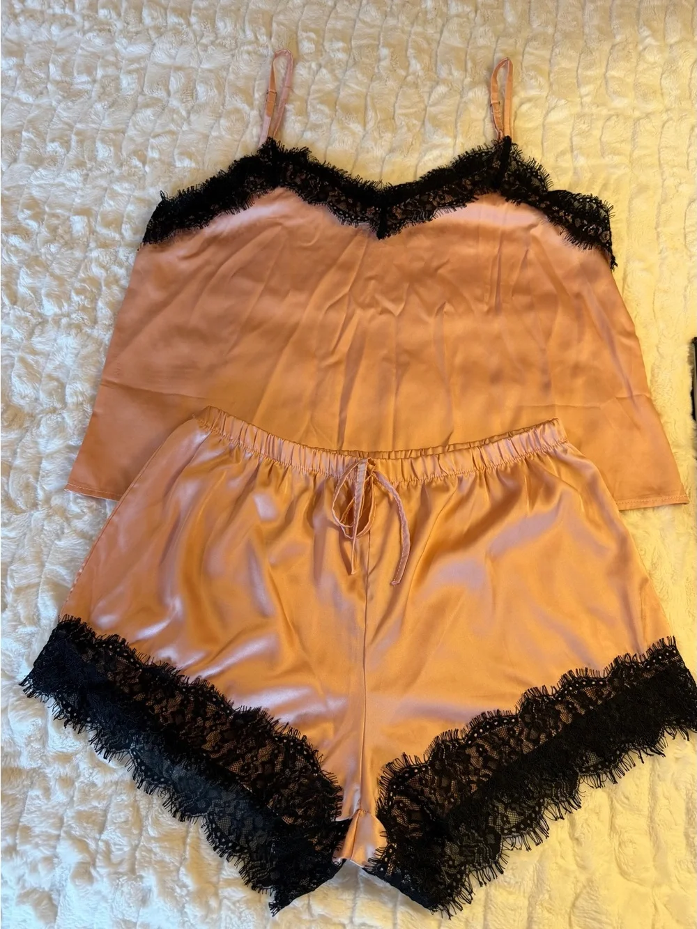 NWOT Silk-Look Lace Trim Cami & Short Lingerie Set in Blush Pink